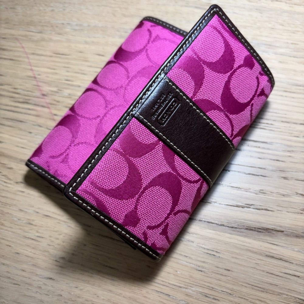 Coach Pink Signature Canvas Trifold Card Holder with Brown Trim